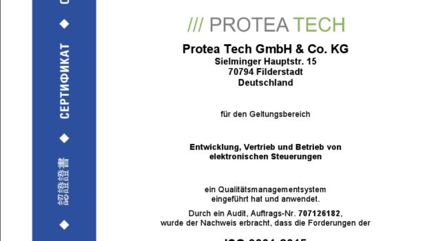 Das Qualitätsmanagement der Protea Tech ist ISO 9001 zertifiziert